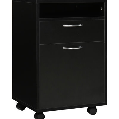 Armoire de rangement mobile en noir avec tiroir et armoire, support d'imprimante. Grand volume, se déplace en douceur, s'adapte à l'espace de bureau, à la capacité de la boîte, facilement, à la surface, à la construction