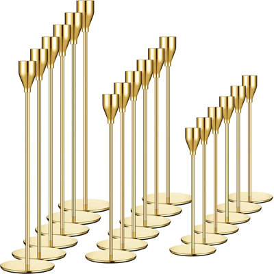 Set Of 18 Gold Tall Metal Taper Candle Holders