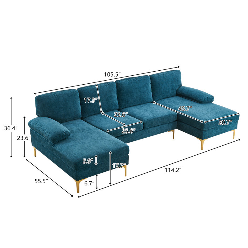 Canapé modulaire d'intérieur en U à 4 sièges Trego, Chenille bleu-vert