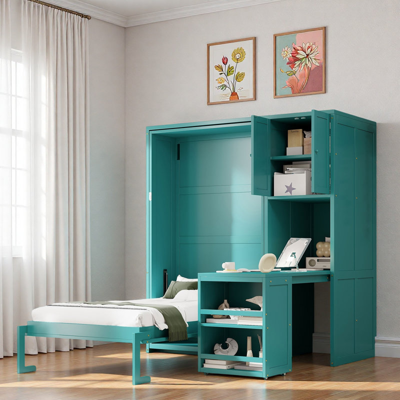 Lit escamotable simple avec bureau roulant, armoire de rangement et bibliothèque, Sarcelle