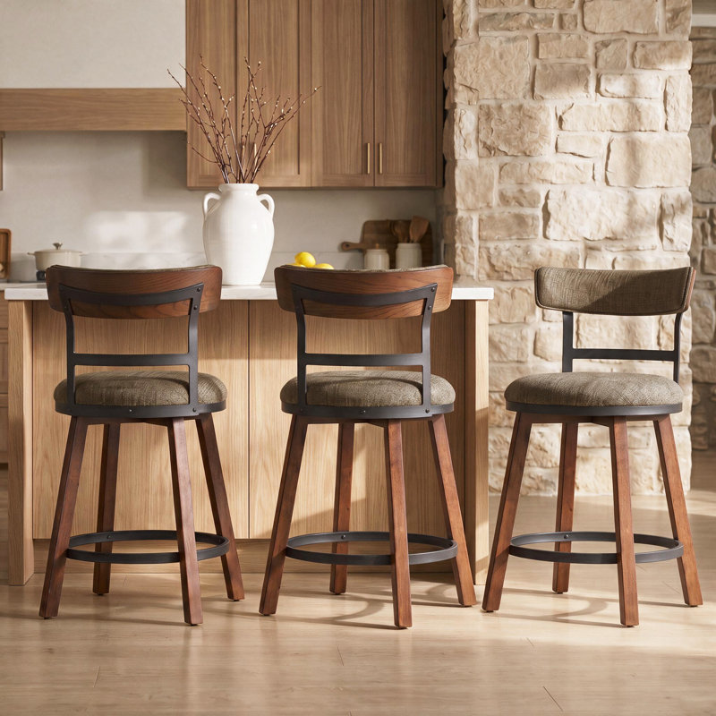 Ensemble de tabourets de bar modernes de 3 po de 26 po d'épaisseur avec dossier courbé en frabic et pieds en bois massif et structure en métal mat, tabourets de bar à hauteur de comptoir pour Kicthen Island, café
