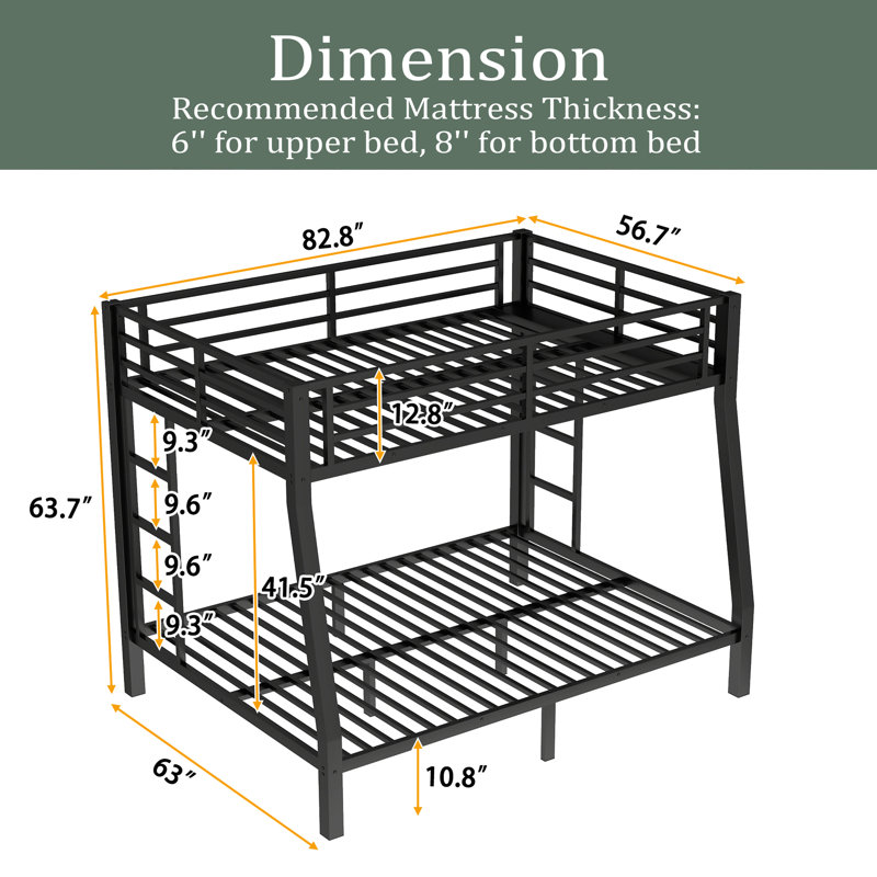 Metal Full XL Over Queen Bunk Bed For Teens And Adults,Space-Saving/Noise Reduced/No Box Spring Needed