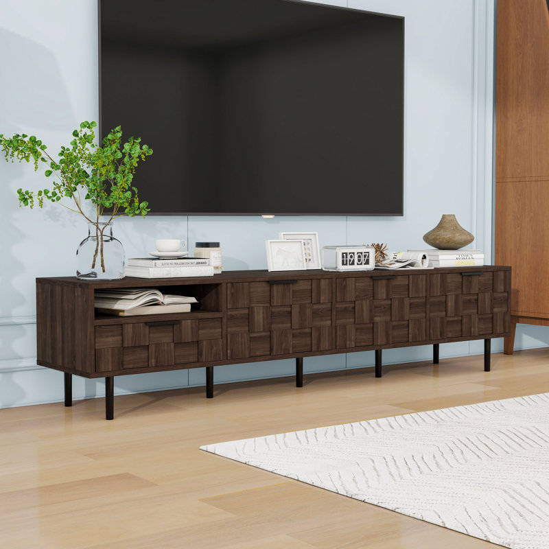 Modern TV Stand with Soft-Closing Cabinets, Drawer and Open Shelf for TVs Up to 85"