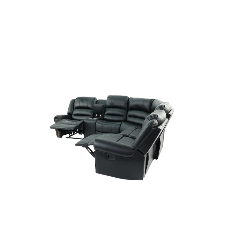 Canapé d'angle inclinable manuel en cuir reconstitué noir avec console centrale, style contemporain, Similicuir noir