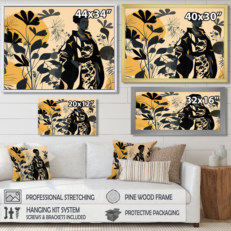Gracieux mode botanique rétro afro - art mural africain, Cadre flottant doré, H 30 po x l 40 po x P 1,5 po