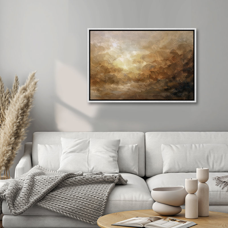 «Abstract Earth Tone Landscape with Radiant Light», reproduction d'art encadrée, H 24 po x l 36 po, Blanc