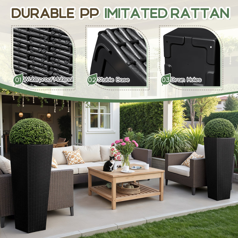 2-piece Plastic Planter Box Set, Imitation Wicker Tall Planter Pots, Black, 32" H x 11.6" W x 11.6" D