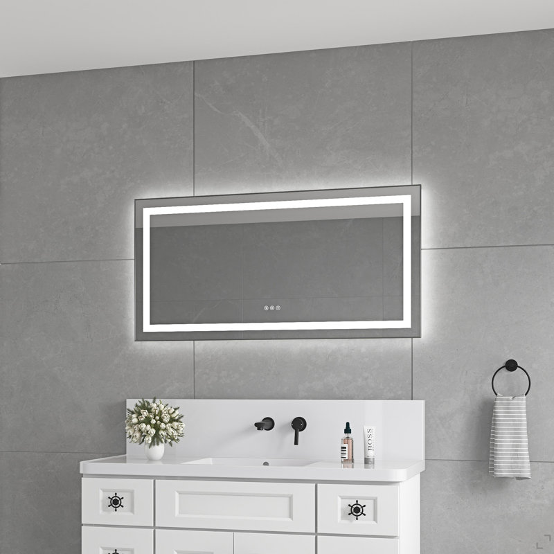 Miroir de salle de bain 48 po x 24 po à DEL avec façade et rétroéclairage, miroir de meuble-lavabo mural avec cadre en aluminium, antibuée, mémoire, 3 couleurs, gradation continue