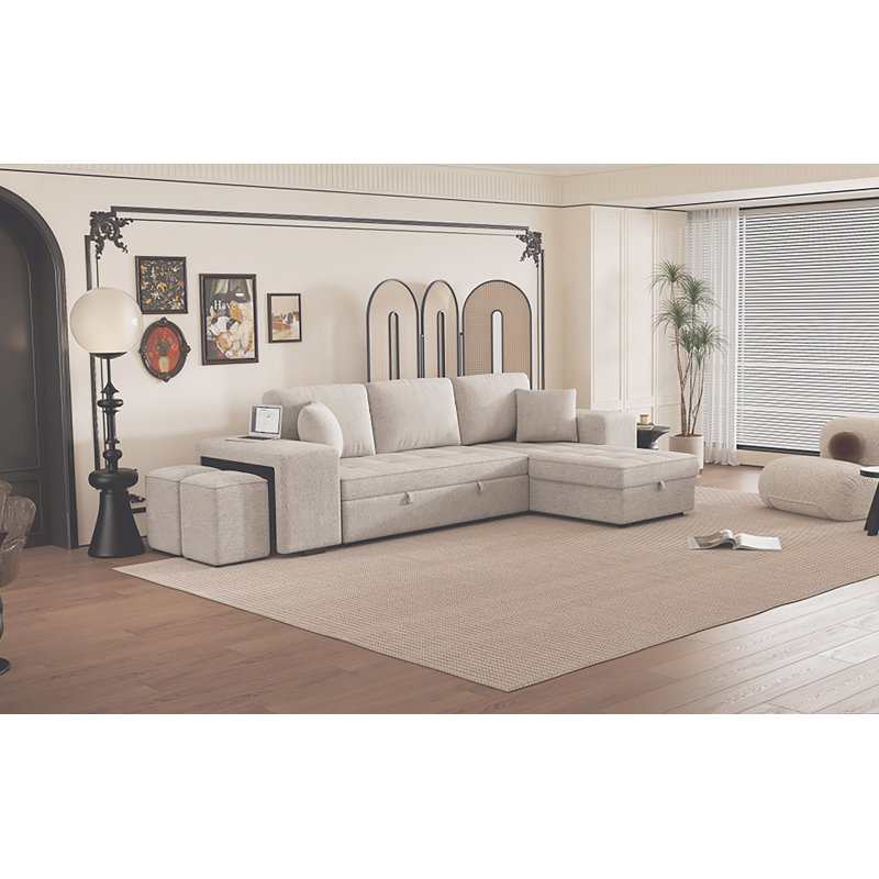 104" Modern L-Shape 3 Seat Reversible Sectional Couch, Pull Out Sleeper Sofa With Storage Chaise And 2 Stools For Living Room Furniture Set, Cream
