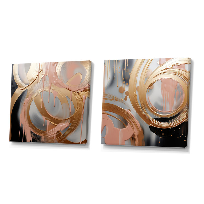 Abstrait, or et rose, encre liquide, cercles IV - formes abstraites, ensemble de 2 reproductions d'art mural, Toile tendue