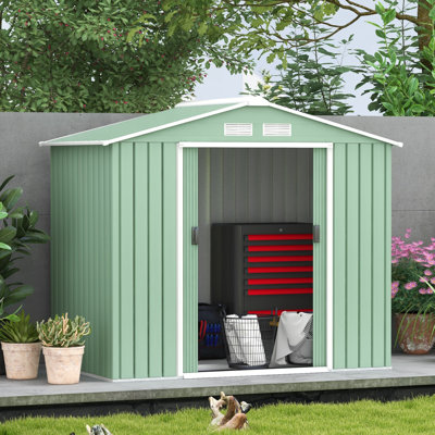 7 × 4 Ft Metal Garden Shed With Lockable Double Doors, Ventilation Slots & Base Frame, Outdoor Tool Storage