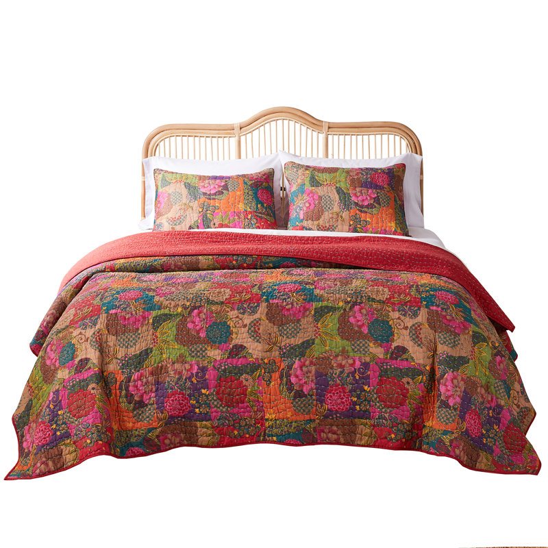 Jewel-Toned Floral Kantha Quilted Twin-XL Bedding Set