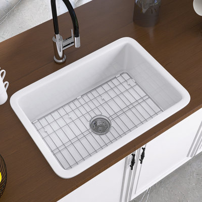 27" Fireclay Farmhouse Kitchen Sink with Sink Grid and Basket Strainer