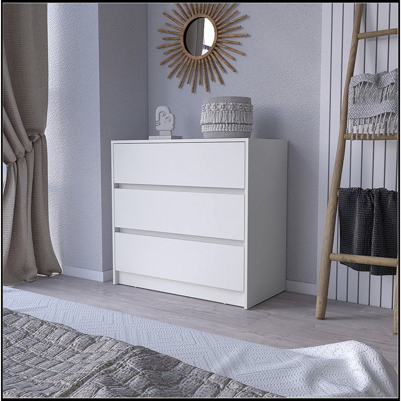Commode Maldus, trois tiroirs, finition blanche, Blanc
