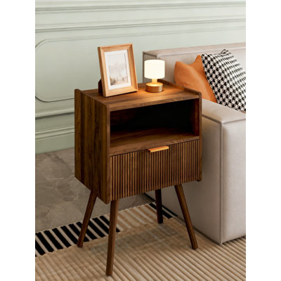 Modern Nightstand With Storage Drawer And Open Shelf, Bedside Table With Solid Wood Legs For Bedroom, Living Room And Small Spaces, Easy Assembly