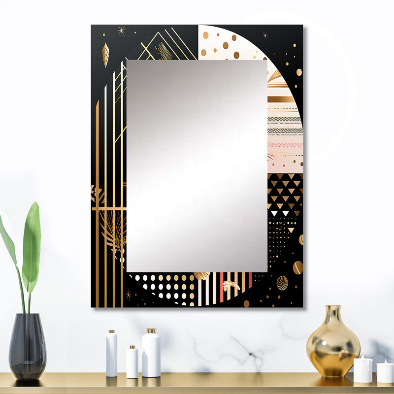 Golden Geometric Glam Full Moon II - Geometric Decorative Wall Mirror, Modern Mirror, Printed Metal Art, 32" x 24"