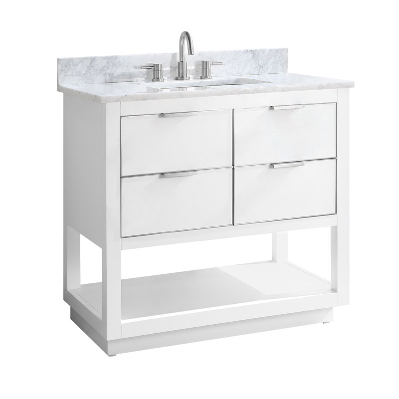 Meuble-lavabo simple 42 po avec plateau en marbre de Carrare Allie, Quartz gris / or, Blanc, L 36 po