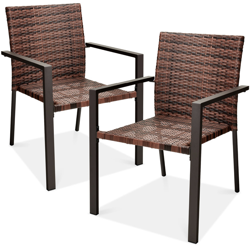 Ebern Designs Wicker Chairs, Stackable Outdoor Dining Furniture W/ Armrests, Light Brown