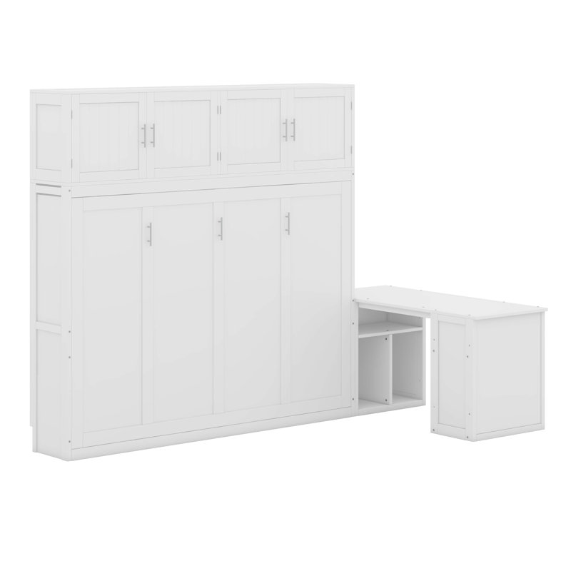 Grand lit escamotable mural avec bureau, tablettes et armoires, Blanc