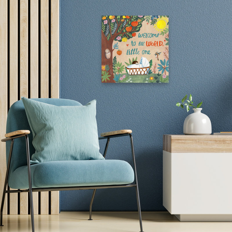 Welcome To The World Abstract Contemporary Apple Tree Butterfly Bird Forest Nature Wall Art Print by Caroline Bonne Muller - Wrapped Canvas Print