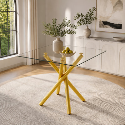 Table de bar moderne en or avec plateau en verre trempé, table de pub en métal robuste avec pieds en croix