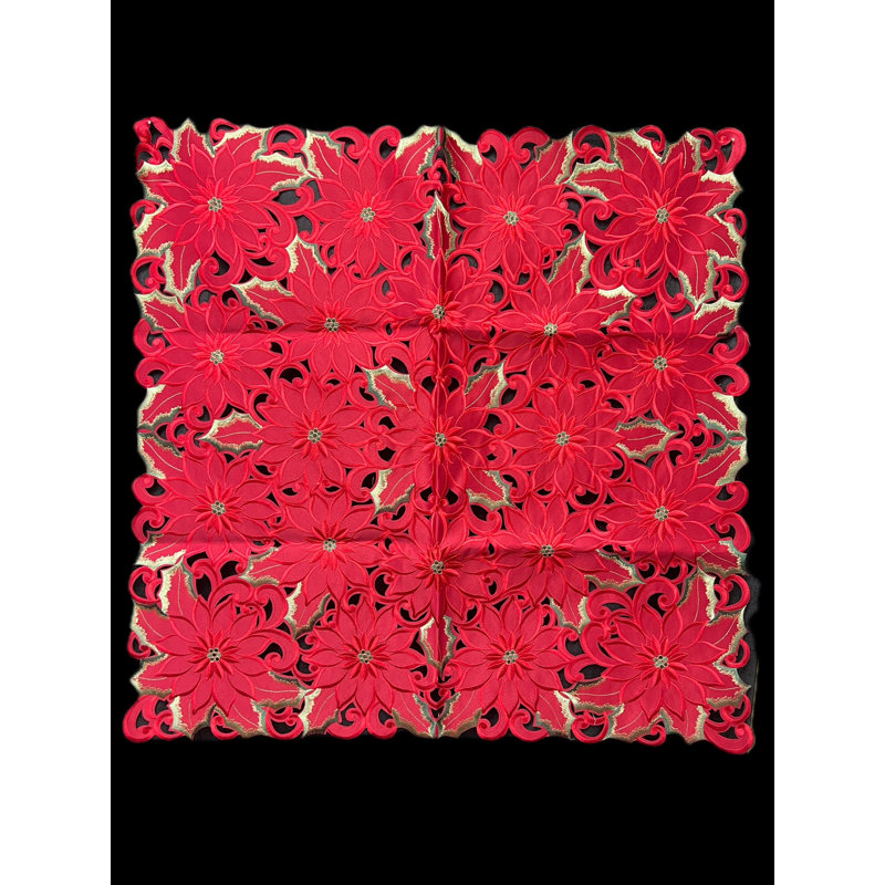 Nappe carrée brodée poinsettia et feuille verte, 36 po