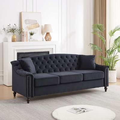 Canapé Chesterfield de 82 po en velours pour salon et appartement, capitonnage à boutons sur le dossier et les accoudoirs, garniture cloutée, canapé rembourré moderne avec pieds en bois massif de qualité supérieure, canapé pour la chambre à couch