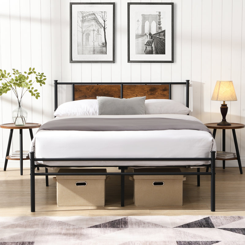 metal bedframe,Headboard with wood panel decoration,black, Queen