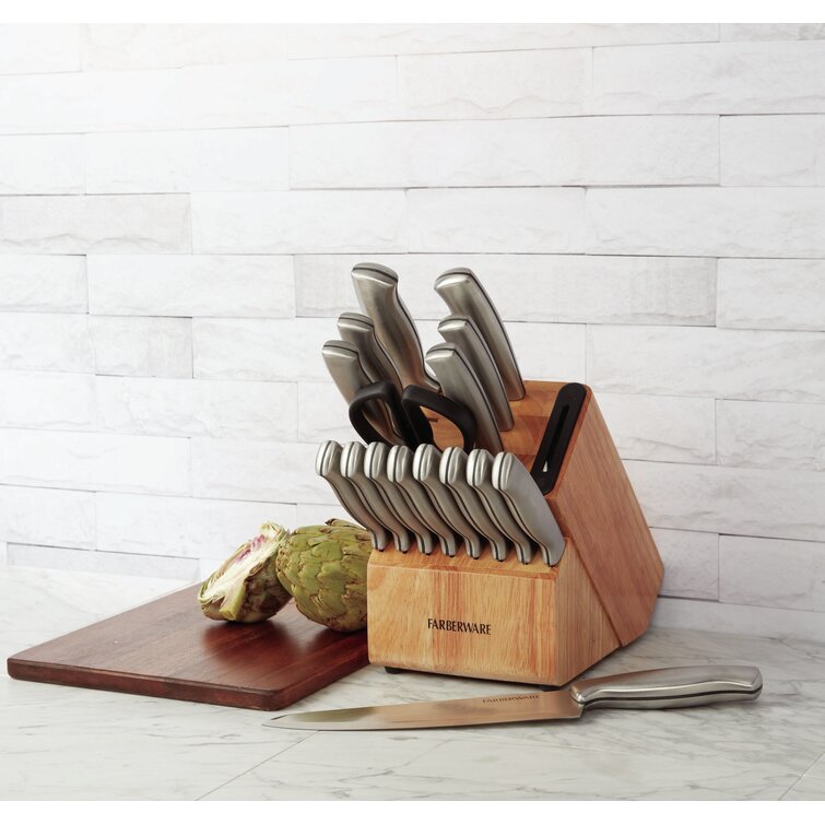 Farberware 16-Piece Forged Knife Block Set with Built-in Knife Sharpener, Triple Rivet Handles, High Carbon Japanese Stainless Steel Kitchen Knives