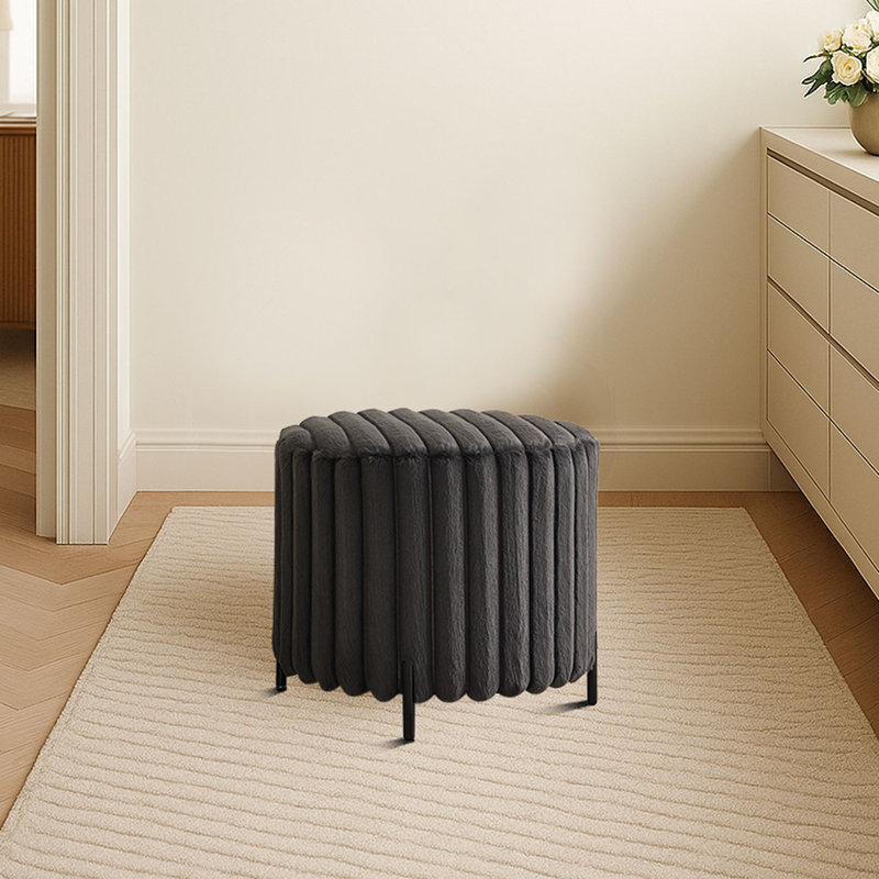 Modern Round Plush round Ottoman upholstered ottoman with Channel Tufting and Metal Legs, Charcoal Faux Fur 