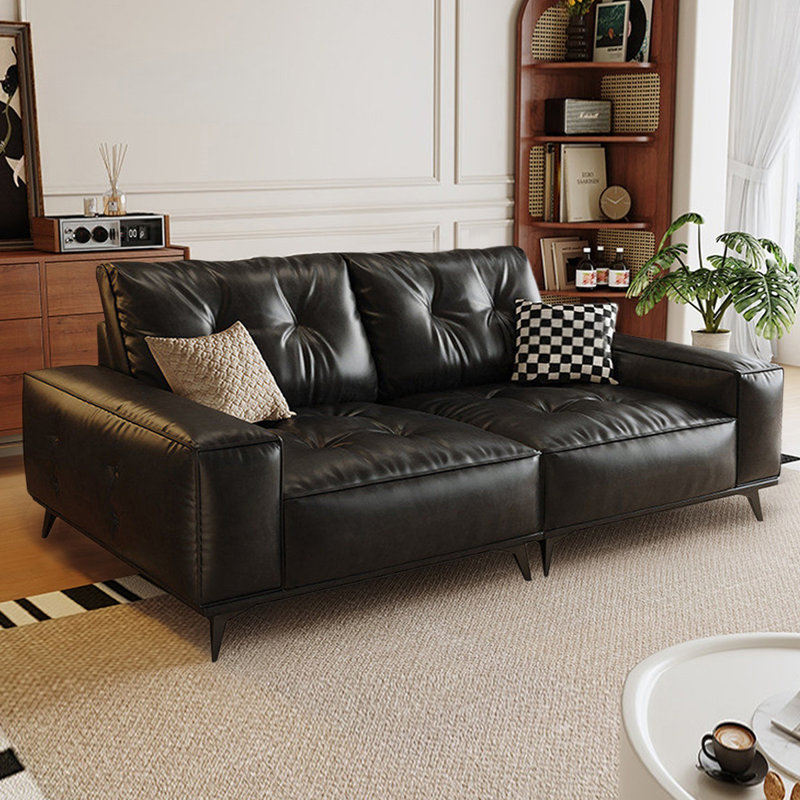 Causeuse-coussin modulable noire en cuir véritable, H 35,43 po x l 86,61 po x P 36,61 po