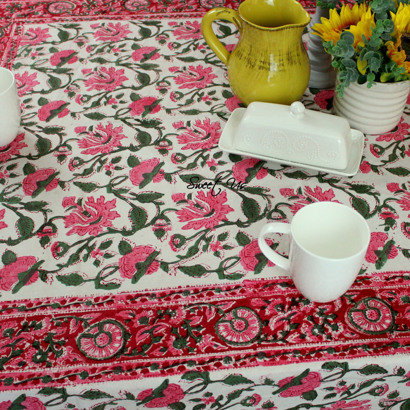 Block Print Cotton Floral Tablecloth White Red, 60" x 90"