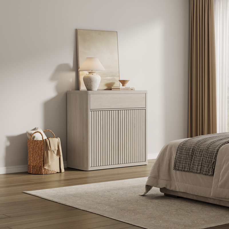 Cesiro 34.6''W Storage Sideboard With Draw And Height-Adjustable Cabinet, White Alder, 1
