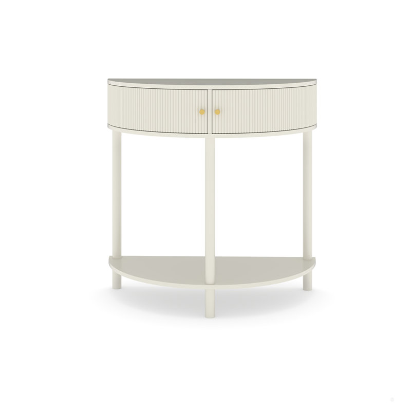Unique Half Moon Design End Table with 2 Storage Drawers and Bottom Shelf, Cream White