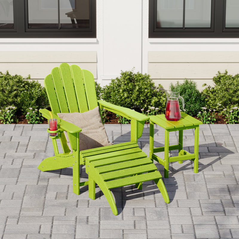 Outdoor Poly Adirondack Chair With Side Table And Ottoman, Lime Green