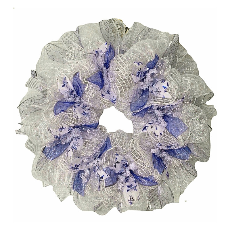 Couronne d'hiver, rubans blancs et bleus