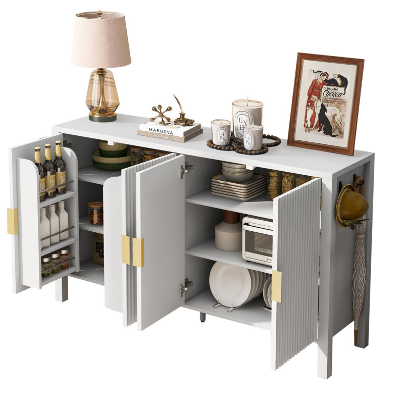 Buffet de 57,5 po avec supports, tablettes réglables et crochets latéraux, Blanc