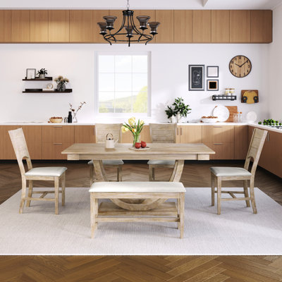 Table à manger moderne en bois massif avec table rectangulaire, chaises et banc rembourrés, pieds demi-ronds uniques