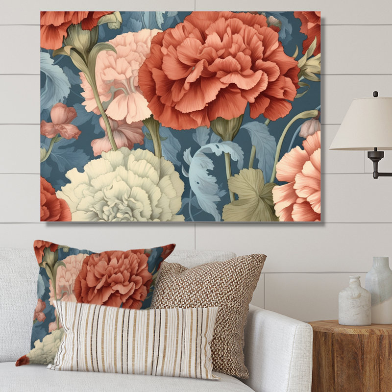«Coral Blue Carnations Harmony I» sur toile, H 24 po x l 32 po x P 1 po, Toile tendue