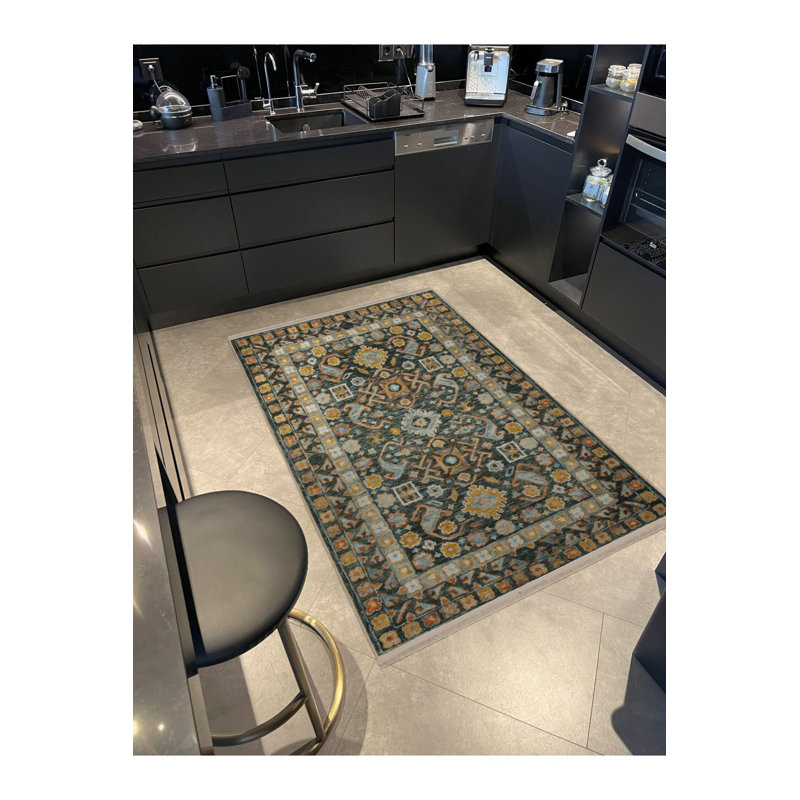 Tapis jaune lavable à motif floral multicolore à motif traditionnel jaune, Sous-tapis rectangulaire 5 pi 1 po x 7 pi 7 po inc