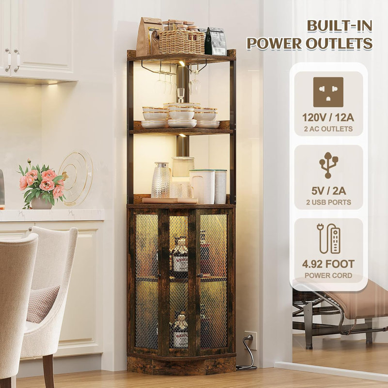 65" Corner Bar Cabinet with Power Outlet and LED Strip, Brown