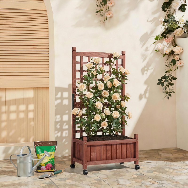 Boîte à fleurs en bois de sapin brun avec treillis et roues 24,8 x 11,81 x 50 po (l x P x H)