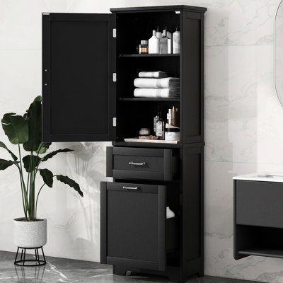 Freestanding Tall Bathroom Storage Cabinet Of Black Painted , Two Different Size Drawers, Adjustable Shelf And - Toppling Installation For Home With Shelf, Easy To Clean