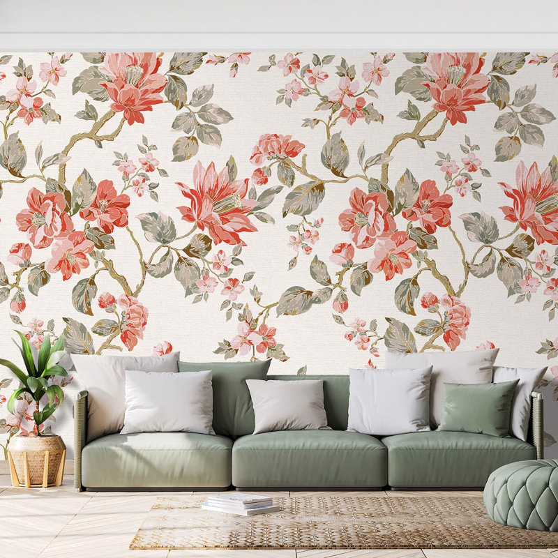 Fleurs botaniques rouges et roses, L 66 po x l 96 po