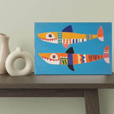 Colorful Happy Sharks Abstract Colorful Playful Fish Shark Ocean Wall Art Print by Mathieu - Wrapped Canvas Print