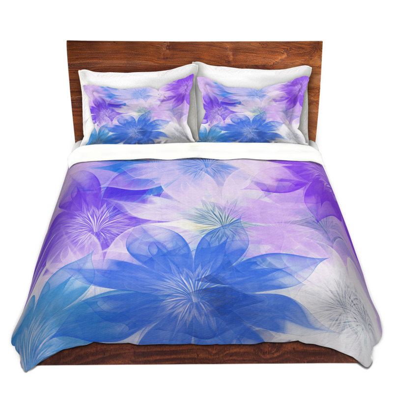 Ensemble de housse de couette fleur bouquet, 1 housse simple + 1 taie standard, Bleu / Mauve