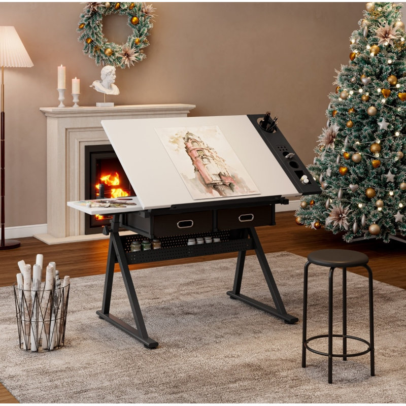 Bureau de dessin réglable avec 2 tiroirs et tabouret - Bureau multifonctionnel réglable en hauteur / inclinable pour le bureau personnel, l'école et le studio d'art