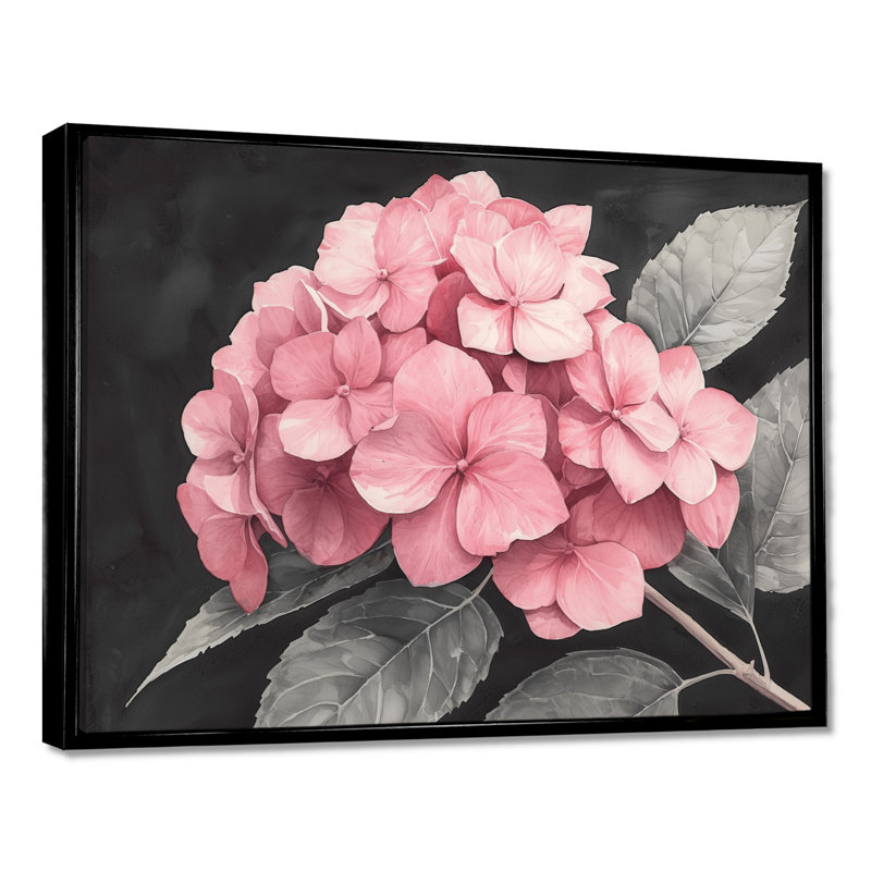 Hortensias avec une douce rose II - hydrangées, art mural, Cadre flottant imprimé sans passe-partout, Noir, noir, noir, noir