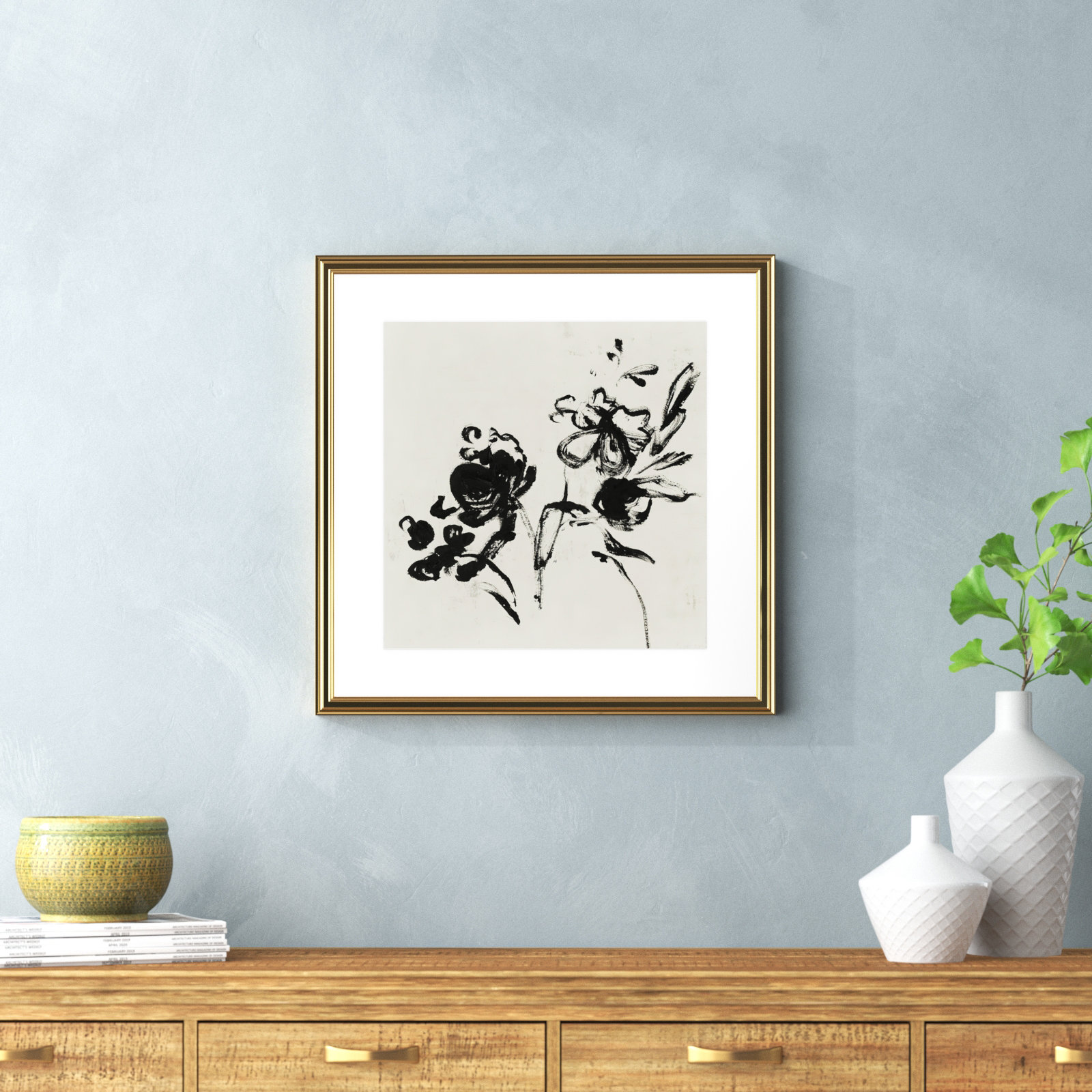 Frony "Black Florals I" Painting by Isabelle Z, Gold, 23.5" H x 23.5" W 