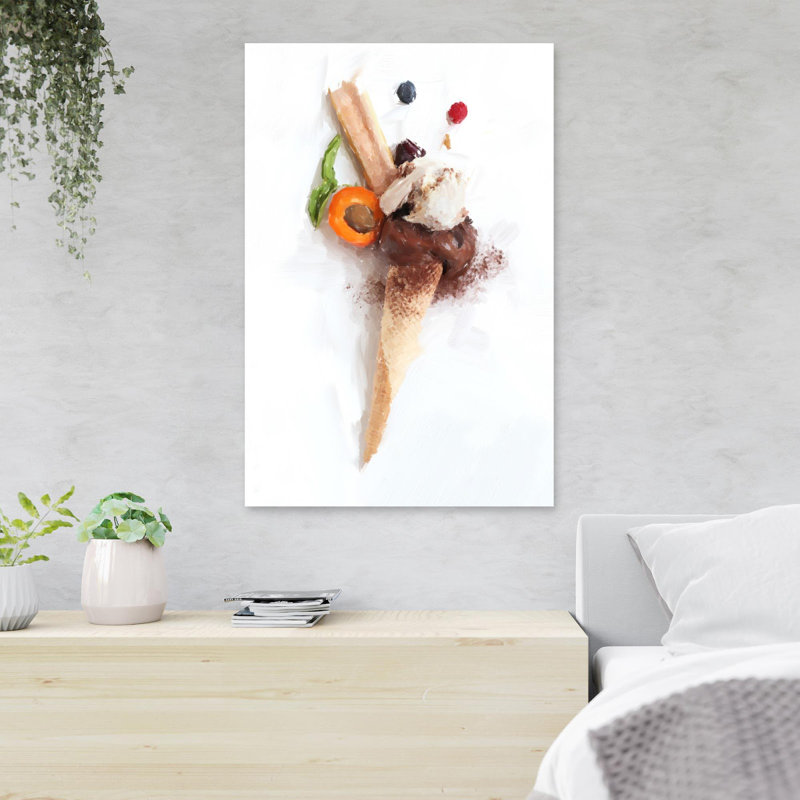 Cône de crème glacée brune avec crème glacée et tranches de tomate - 1 pièce, impression sur toile tendue, H 20 po x l 16 po